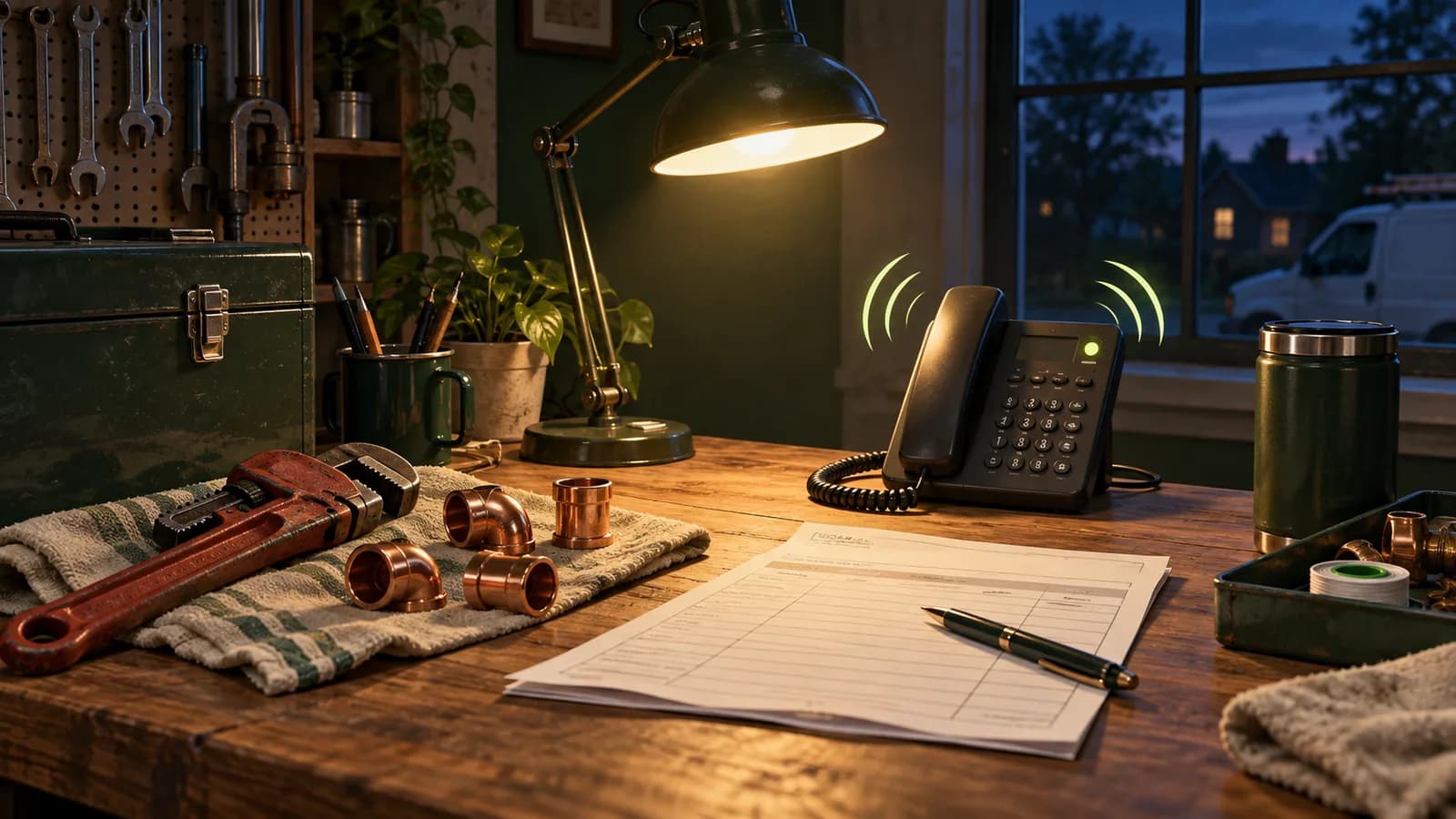Illustration of a ringing phone and work order beside plumbing tools in a workshop at dusk.