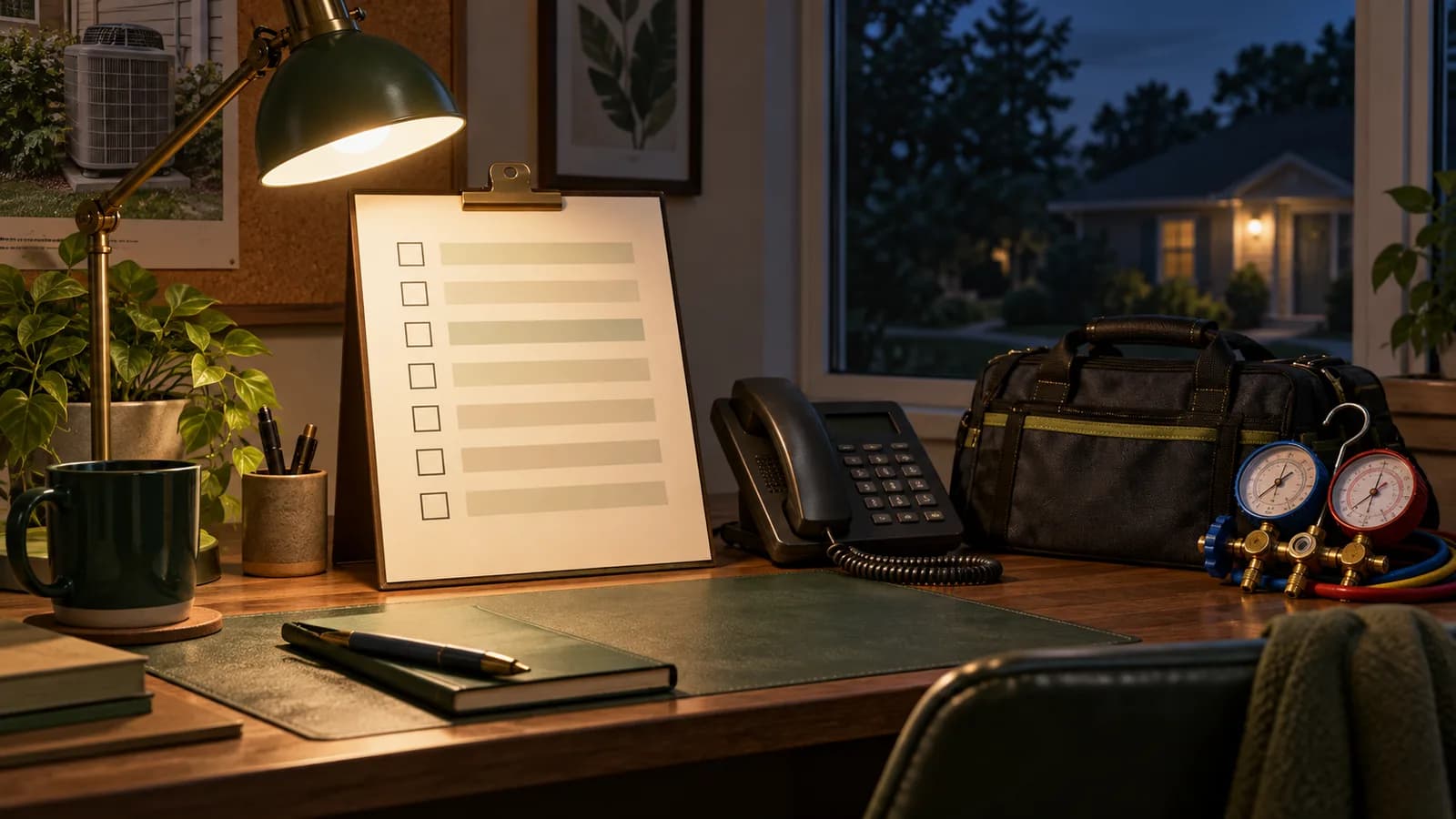 Illustration of an evening HVAC dispatch desk with a routing checklist, phone, and on-call equipment bag.