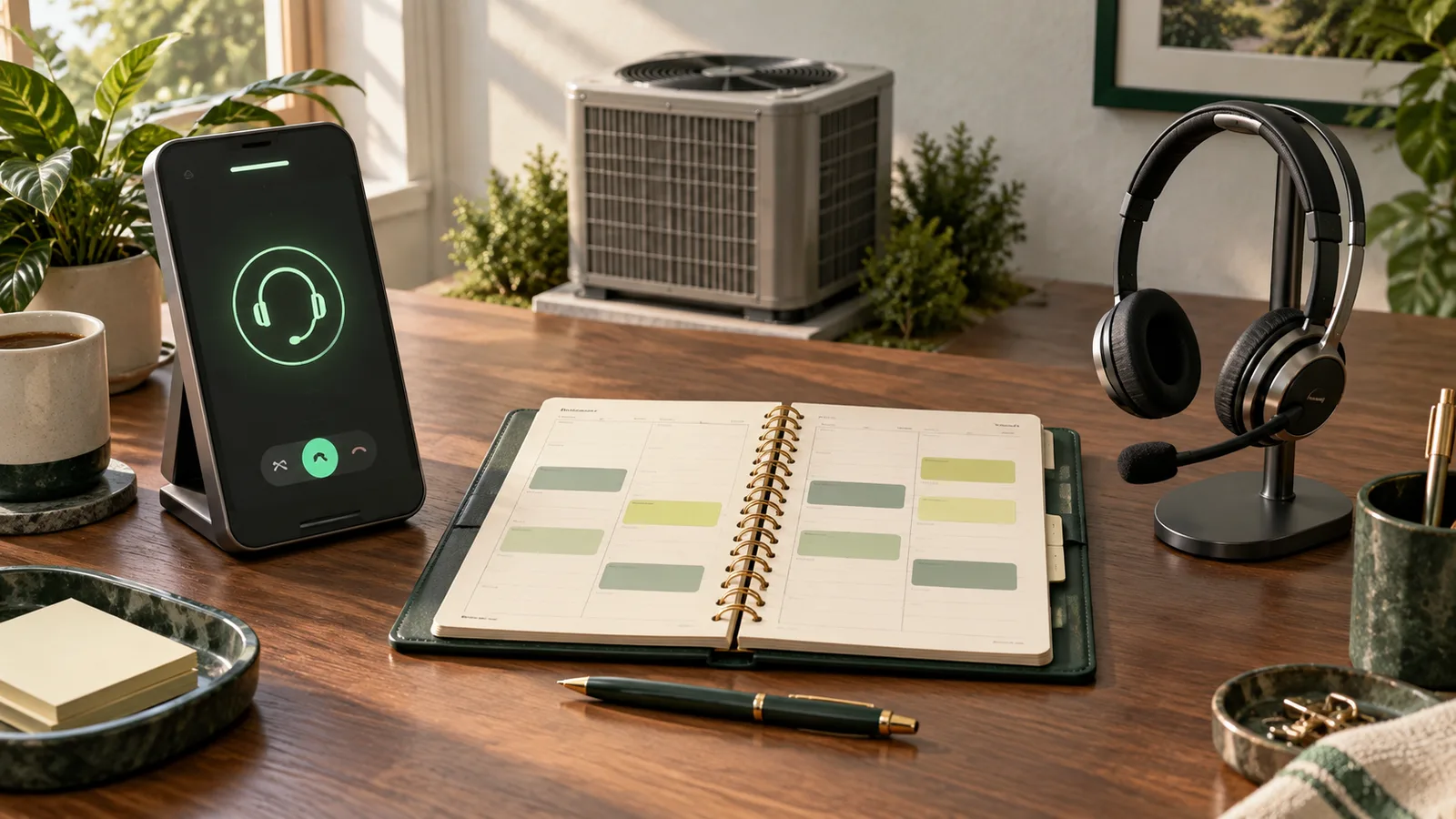 Illustration of a phone and receptionist headset on either side of a shared HVAC appointment planner.