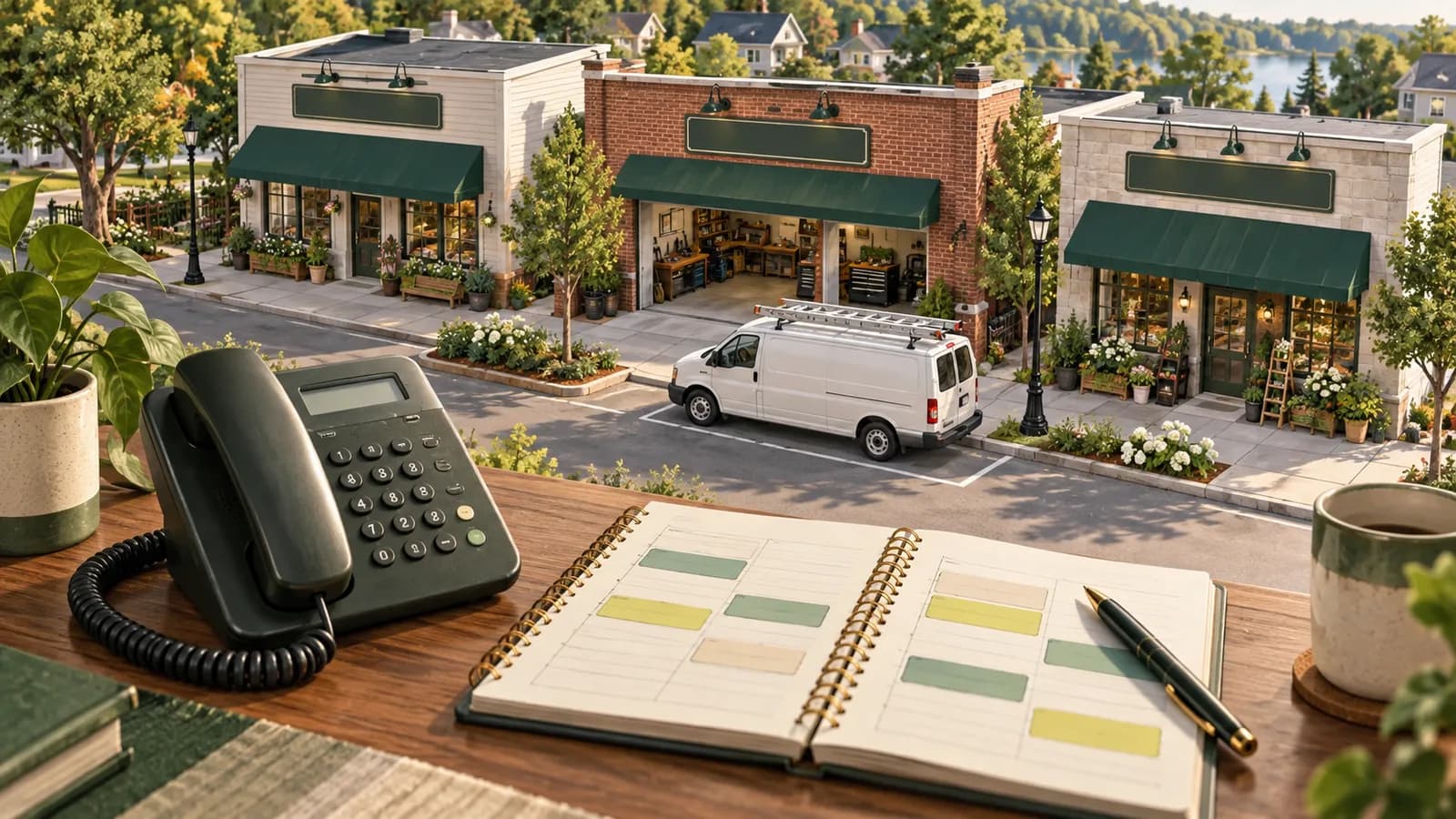 Illustration of a telephone and callback planner overlooking neighborhood shops and a service van.
