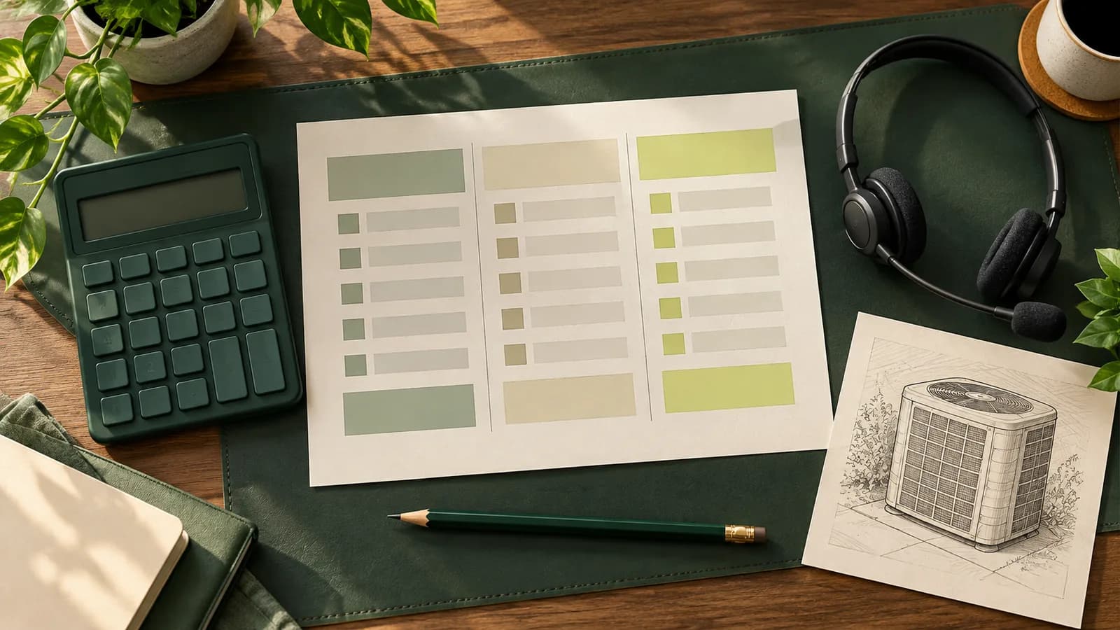 Illustration of a calculator, quote comparison sheet, headset, and HVAC equipment drawing.
