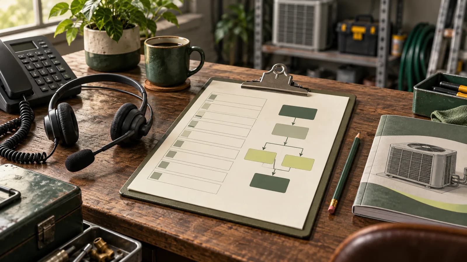 Illustration of a dispatch headset beside a call intake clipboard and branching workflow.