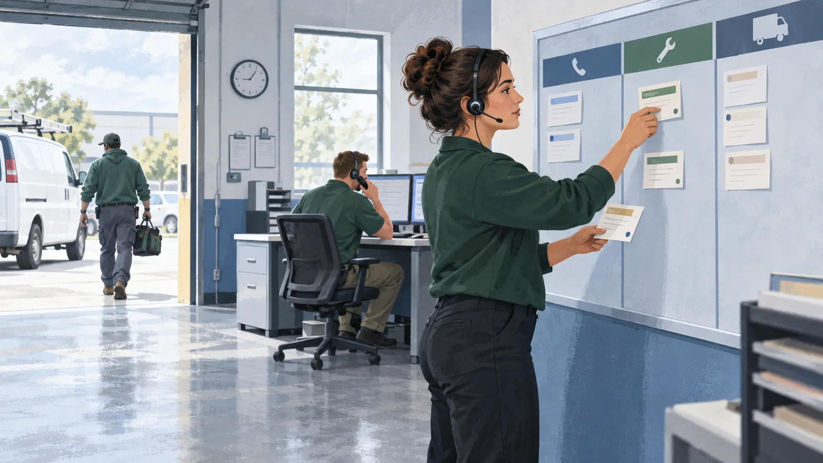 Illustration of an HVAC dispatch team sorting incoming requests while a technician heads toward a service van.
