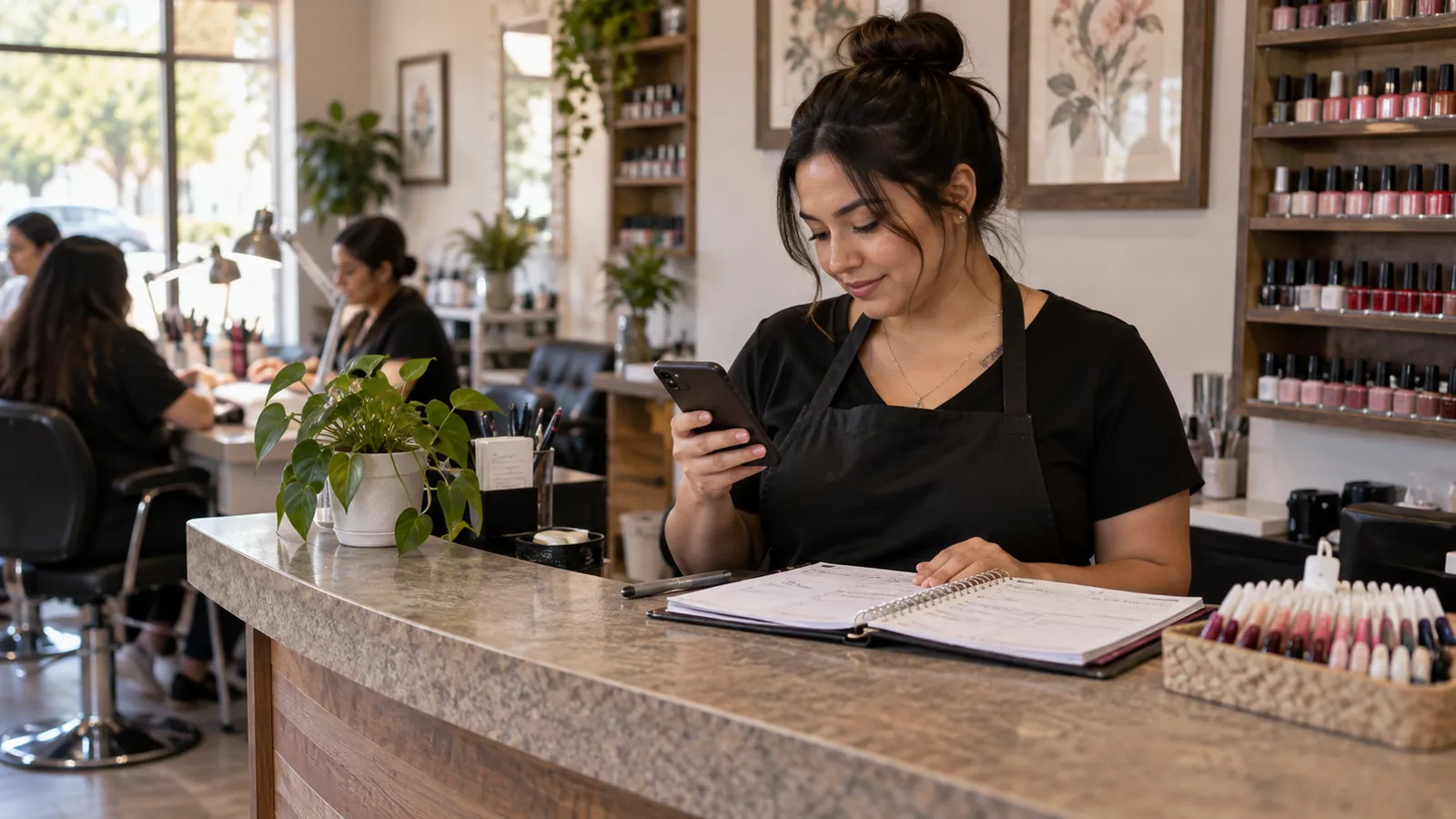 AI-generated illustration: A salon receptionist checking an appointment diary while holding a smartphone.