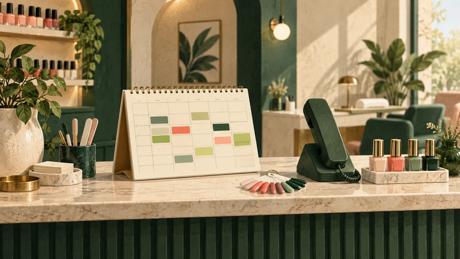 Illustration of a nail salon reception desk with an appointment planner, telephone, and nail color samples.