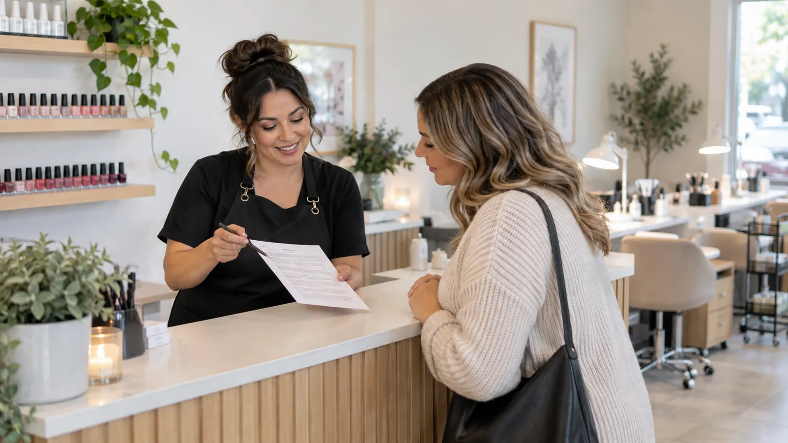 AI-generated illustration: A salon owner discussing a printed policy with a client at the reception desk.