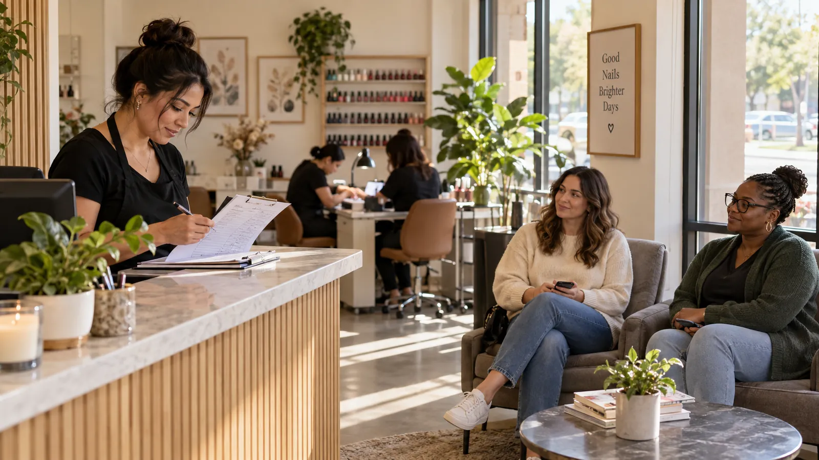 AI-generated illustration: A receptionist reviewing a clipboard while clients wait in a bright nail salon.