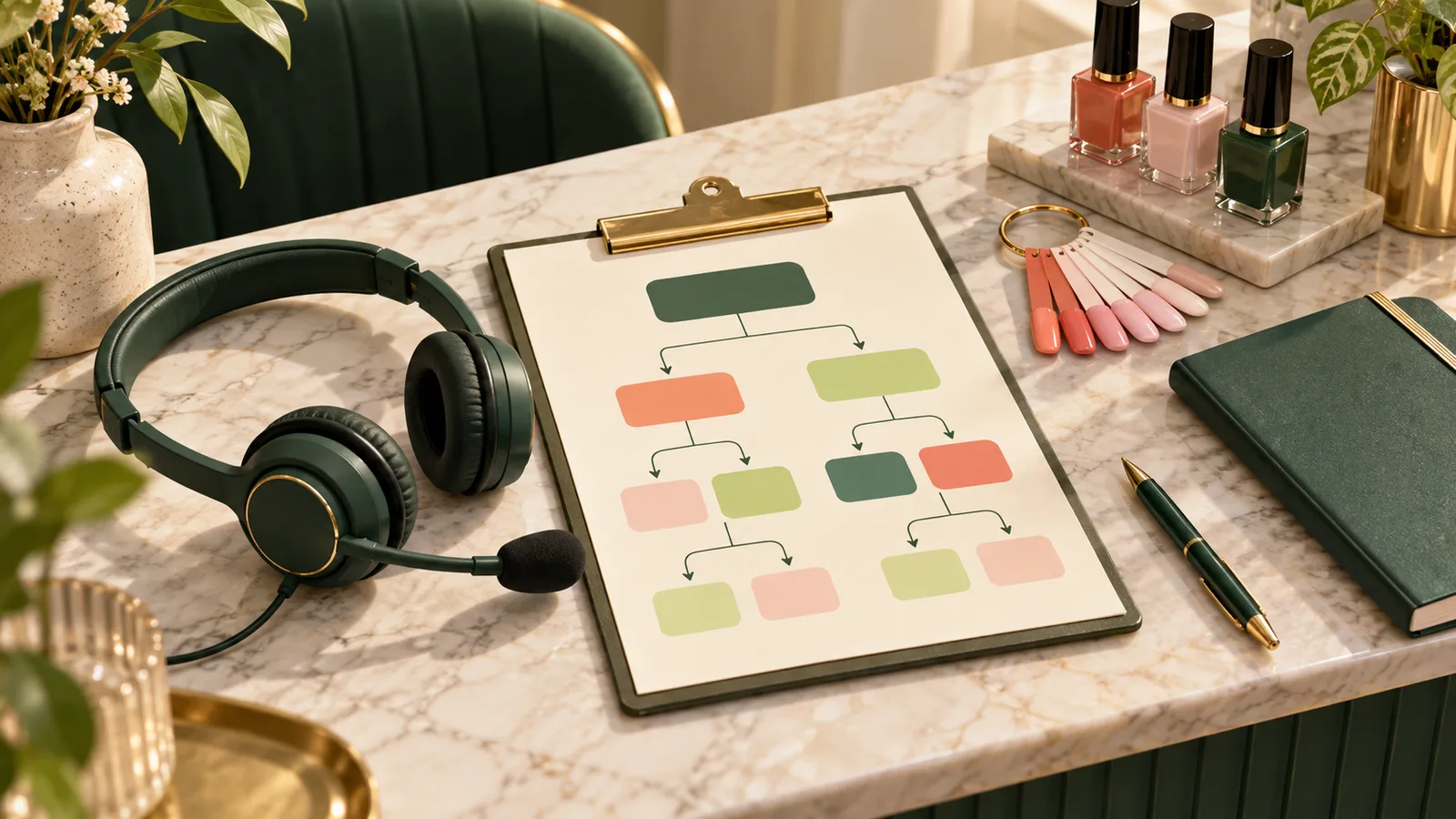 Illustration of a salon call-flow clipboard and headset beside nail color samples and polish bottles.