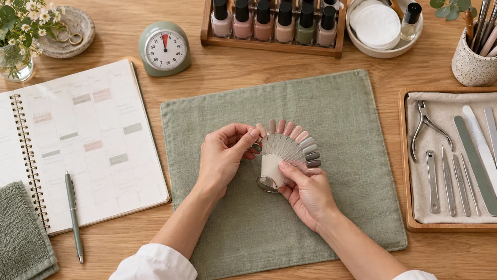 AI-generated illustration: An overhead view of hands arranging nail color samples beside an appointment planner and timer.